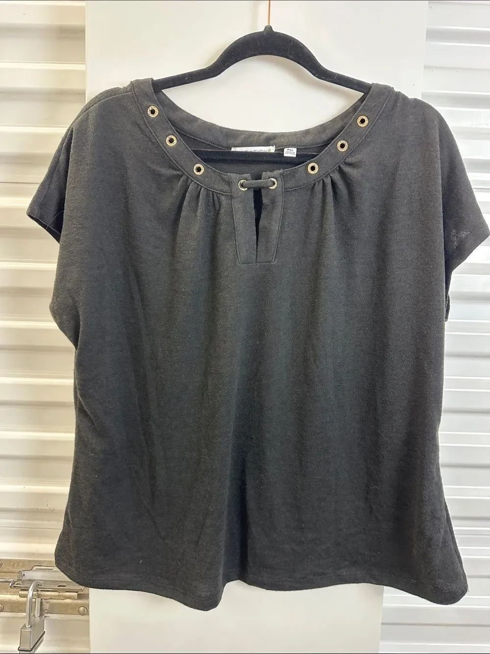 NOTATIONS Black Short-Sleeve Eyelet Tie Neck Top